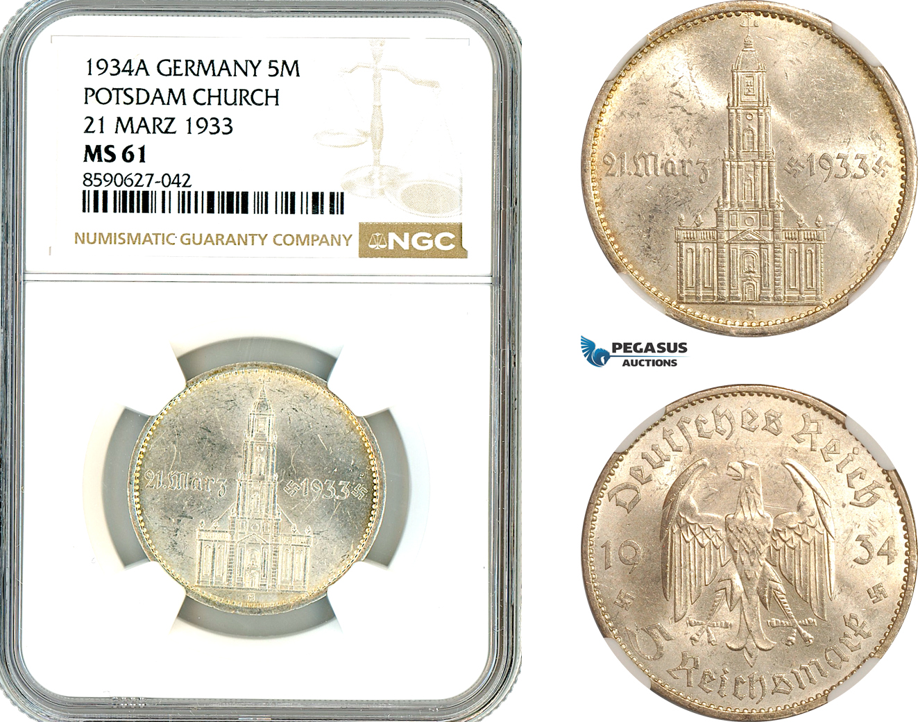 AL901, Germany, Third Reich, 5 Reichsmark 1934 A, Berlin Mint, Silver, "Potsdam Church", NGC MS61