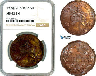 AL902, German East Africa (DOA) 5 Heller 1909 J, Hamburg Mint, NGC MS62BN