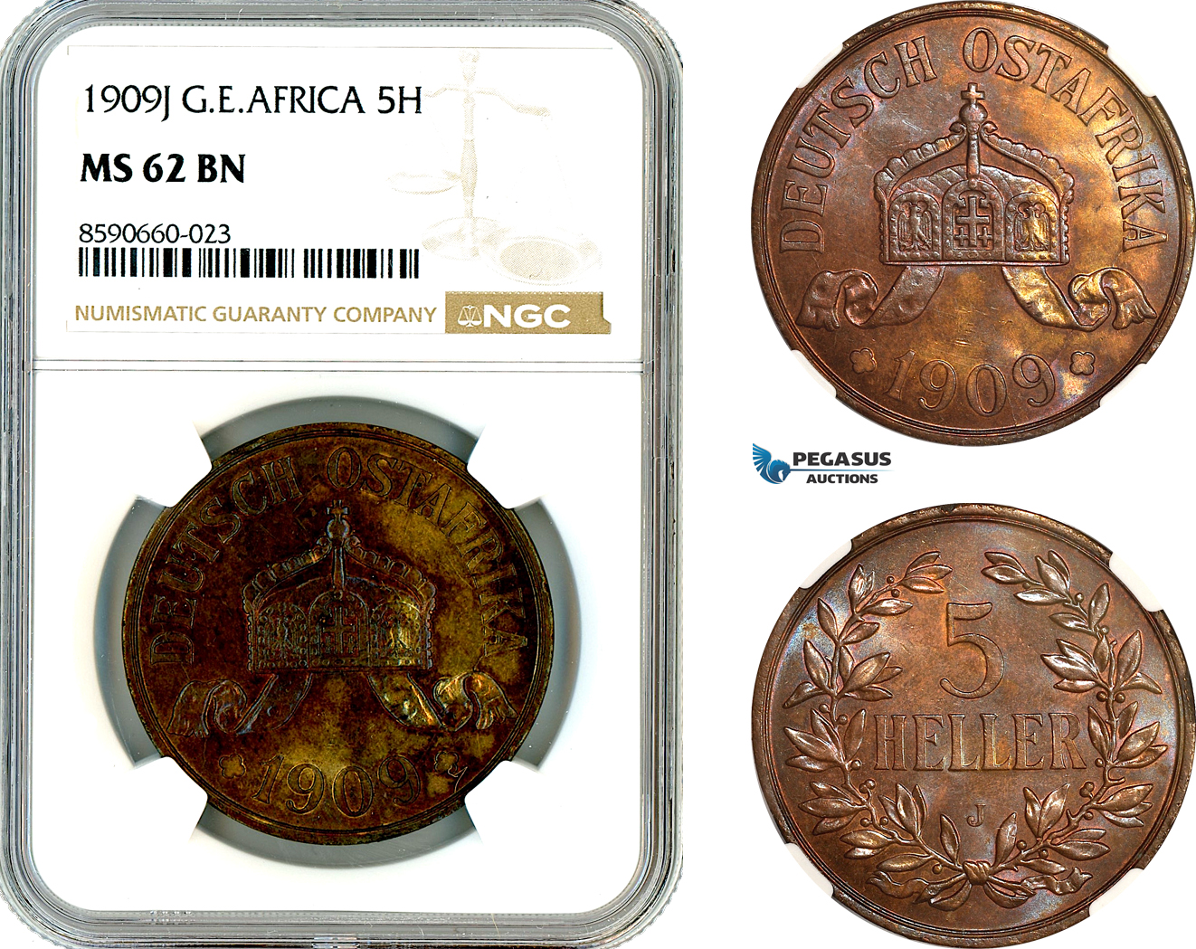 AL902, German East Africa (DOA) 5 Heller 1909 J, Hamburg Mint, NGC MS62BN