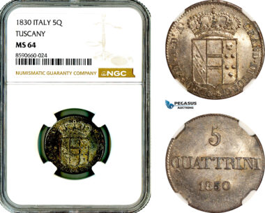 AL905, Italy, Tuscany, Leopold II, 5 Quattrini 1830, Billon, NGC MS64