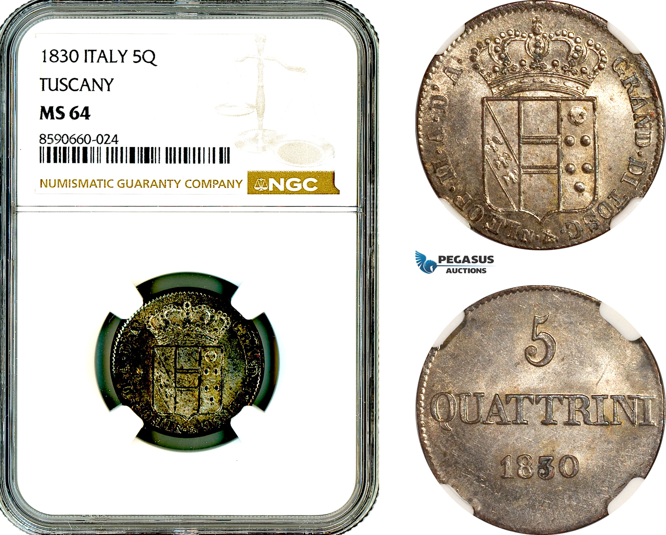 AL905, Italy, Tuscany, Leopold II, 5 Quattrini 1830, Billon, NGC MS64