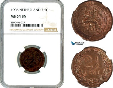 AL909, Netherlands, Wilhelmina, 2 1/2 Cents 1906, Utrecht Mint, NGC MS64BN