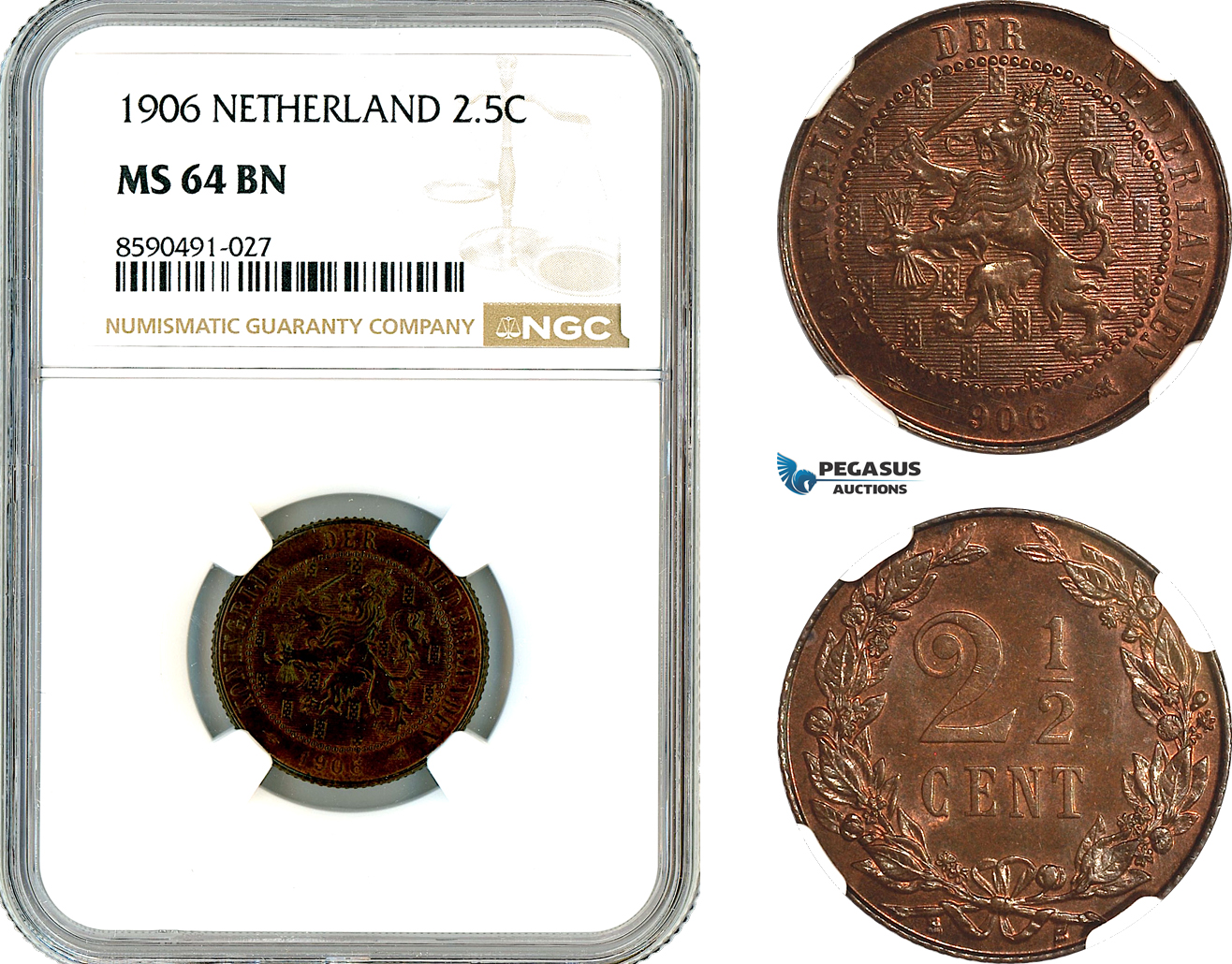AL909, Netherlands, Wilhelmina, 2 1/2 Cents 1906, Utrecht Mint, NGC MS64BN