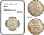 AL910, Norway, Frederik V, 24 Skilling 1762 TL, Kongsberg Mint, Silver, NGC MS63, Top Pop!