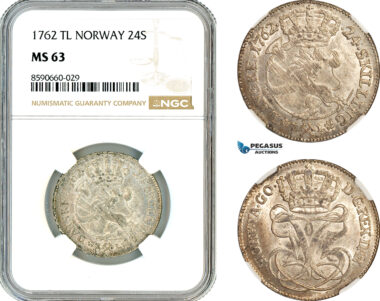 AL910, Norway, Frederik V, 24 Skilling 1762 TL, Kongsberg Mint, Silver, NGC MS63, Top Pop!