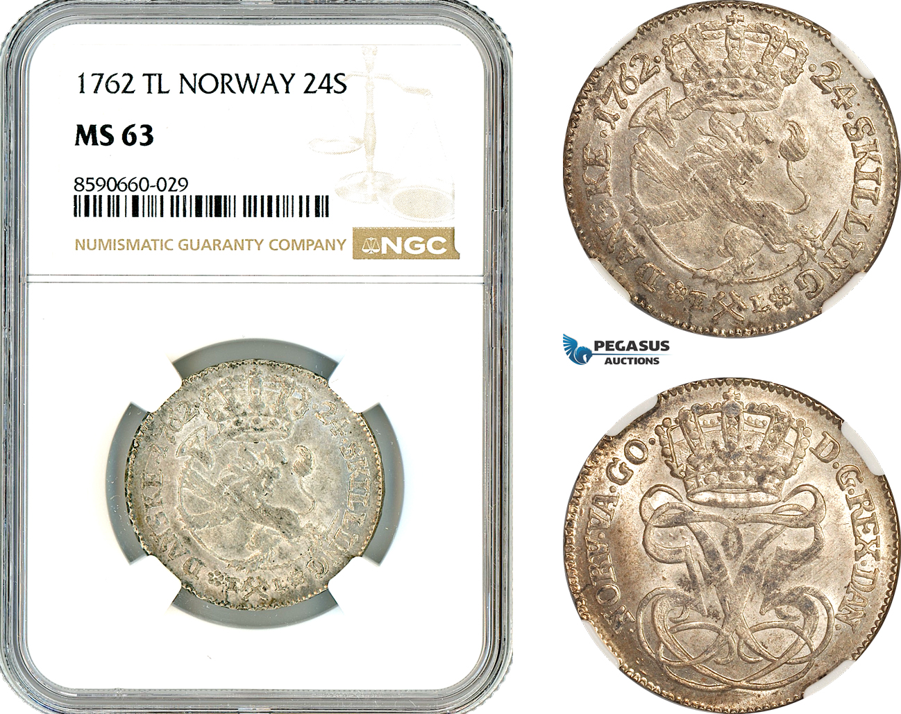 AL910, Norway, Frederik V, 24 Skilling 1762 TL, Kongsberg Mint, Silver, NGC MS63, Top Pop!