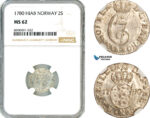 AL911, Norway, Christian VII, 2 Skilling 1780 HIAB, Kongsberg Mint, Silver, NGC MS62