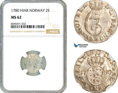 AL911, Norway, Christian VII, 2 Skilling 1780 HIAB, Kongsberg Mint, Silver, NGC MS62