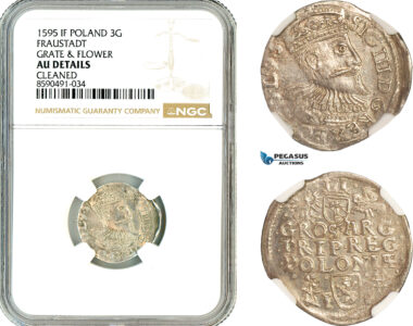 AL912, Poland, Sigismund III, 3 Groschen (Trojak) 1595, Fraustadt (Wschowa) Mint, Silver, Mint error, NGC AU Details