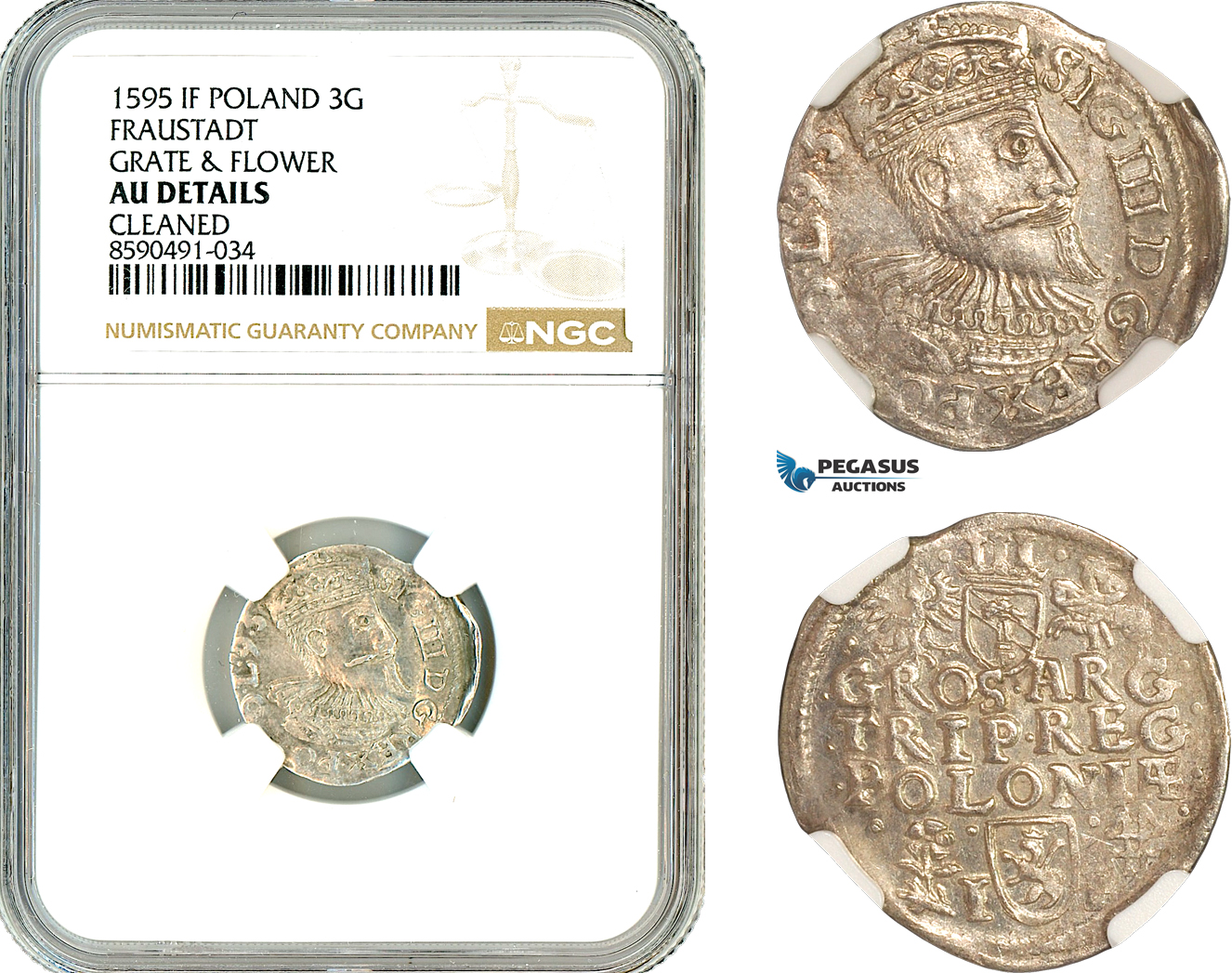 AL912, Poland, Sigismund III, 3 Groschen (Trojak) 1595, Fraustadt (Wschowa) Mint, Silver, Mint error, NGC AU Details