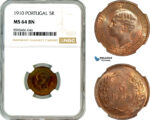 AL914, Portugal, Emanuel II, 5 Reis 1910, Lisbon Mint, NGC MS64BN, Top Pop!