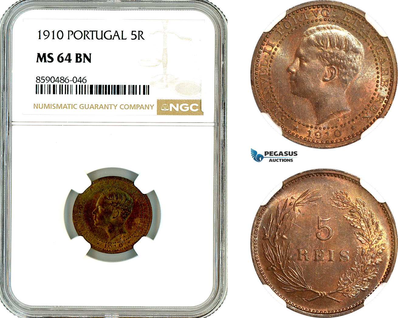 AL914, Portugal, Emanuel II, 5 Reis 1910, Lisbon Mint, NGC MS64BN, Top Pop!