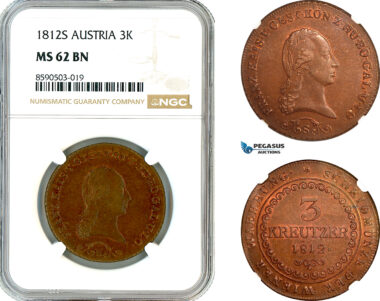 AL931, Austria, Franz II, 3 Kreuzer 1812 S, Smolnik Mint, NGC MS62BN
