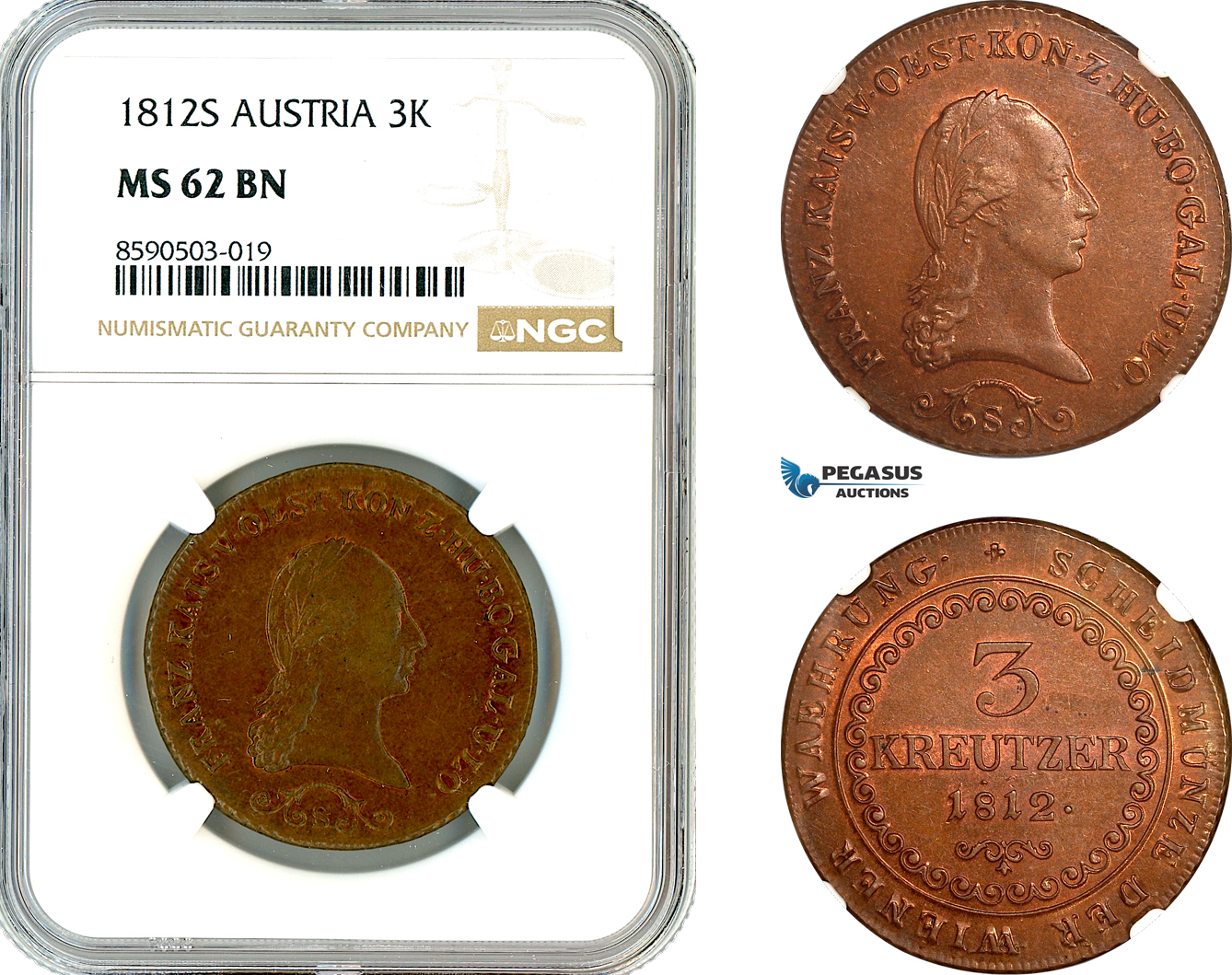 AL931, Austria, Franz II, 3 Kreuzer 1812 S, Smolnik Mint, NGC MS62BN