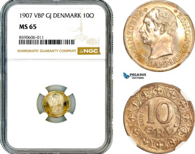 AL947, Denmark, Frederik VIII, 10 Ore 1907 VBP GJ, Copenhagen Mint, Silver, NGC MS65