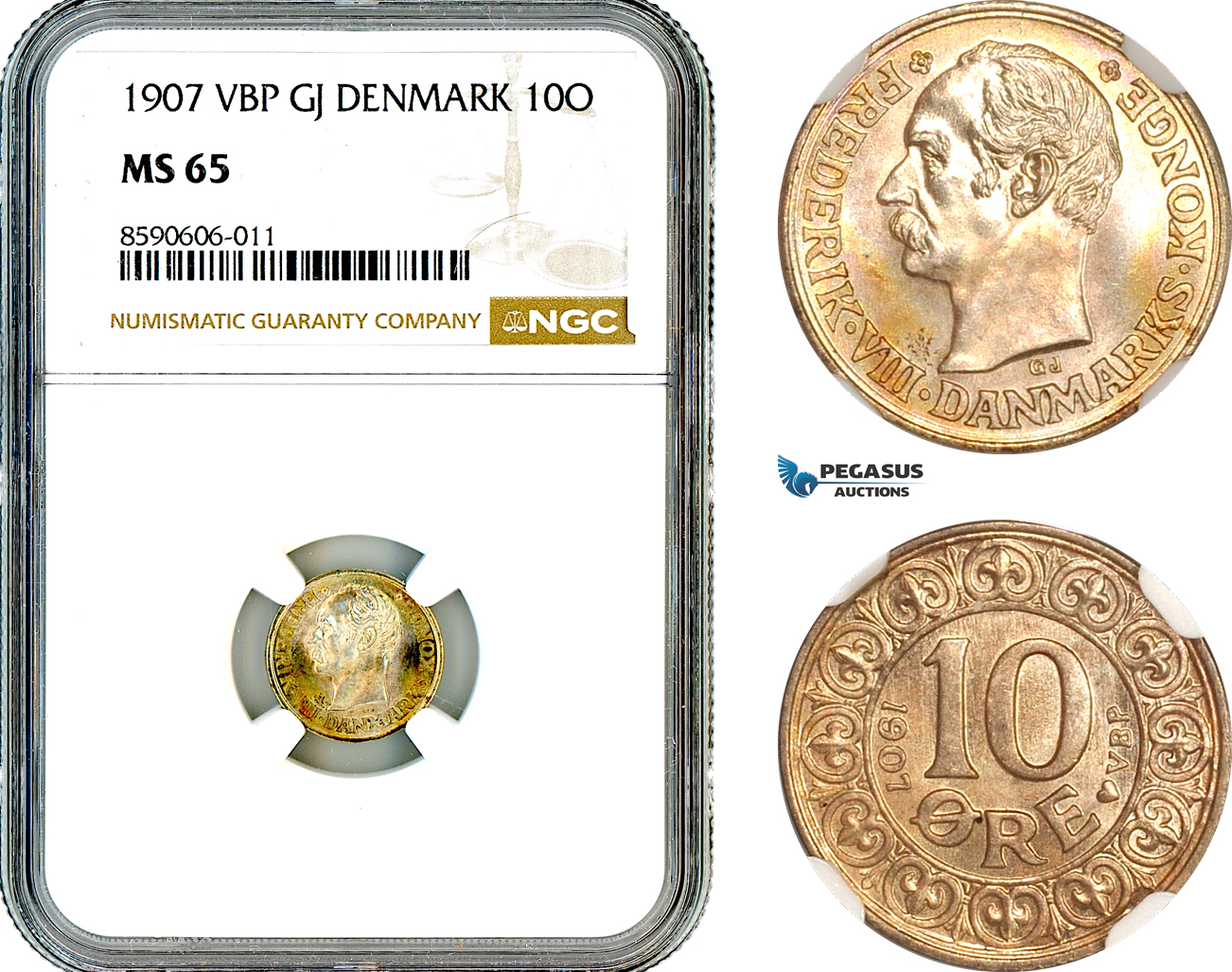 AL947, Denmark, Frederik VIII, 10 Ore 1907 VBP GJ, Copenhagen Mint, Silver, NGC MS65