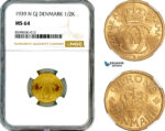 AL948, Denmark, Christian X, 1/2 Krone 1939 N GJ, Copenhagen Mint, Key Date, NGC MS64