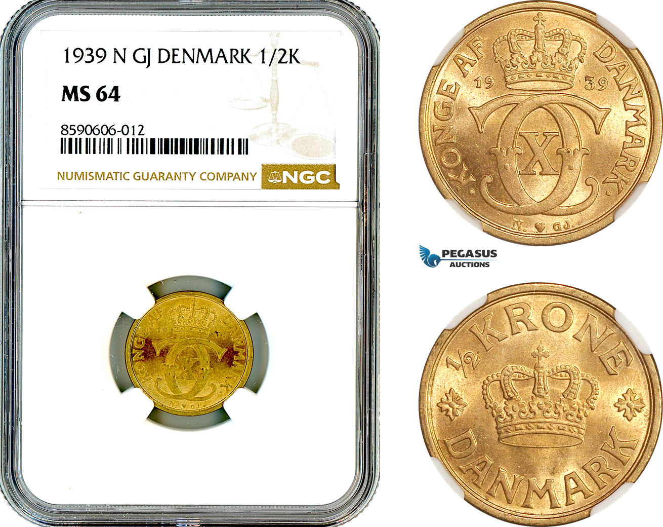 AL948, Denmark, Christian X, 1/2 Krone 1939 N GJ, Copenhagen Mint, Key Date, NGC MS64