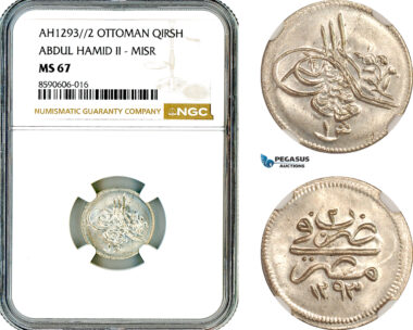 AL949, Egypt, Ottoman Empire, Abdulhamid II, 1 Qirsh AH1293//2 (1877), Misr Mint, Silver, NGC MS67, TOP POP, Single Finest!
