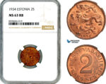 AL952, Estonia, 2 Senti 1934, NGC MS63RB