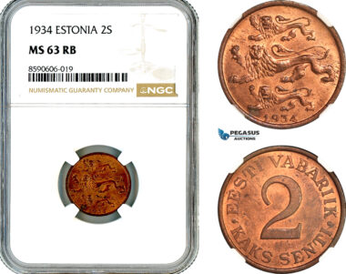 AL952, Estonia, 2 Senti 1934, NGC MS63RB