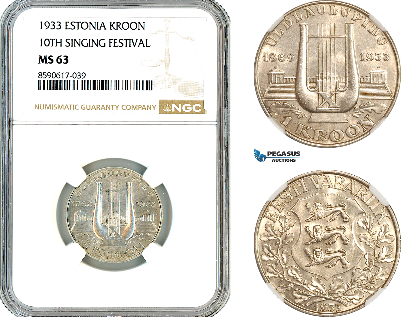 AL953, Estonia, 1 Kroon 1933, Silver, Singing Festival, NGC MS63