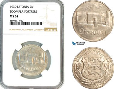 AL954, Estonia, 2 Krooni 1930, Silver, Toompea Fortress, NGC MS62