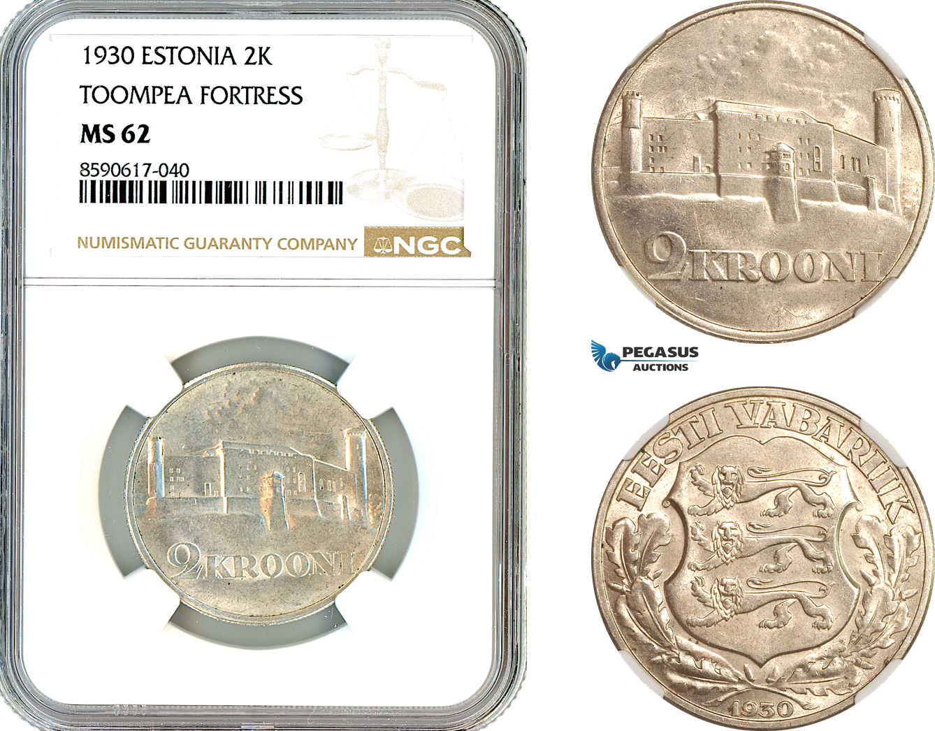 AL954, Estonia, 2 Krooni 1930, Silver, Toompea Fortress, NGC MS62