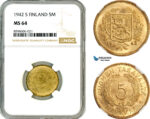 AL956, Finland, 5 Markkaa 1942 S, Helsinki Mint, NGC MS64