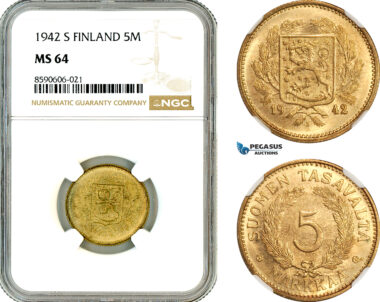 AL956, Finland, 5 Markkaa 1942 S, Helsinki Mint, NGC MS64