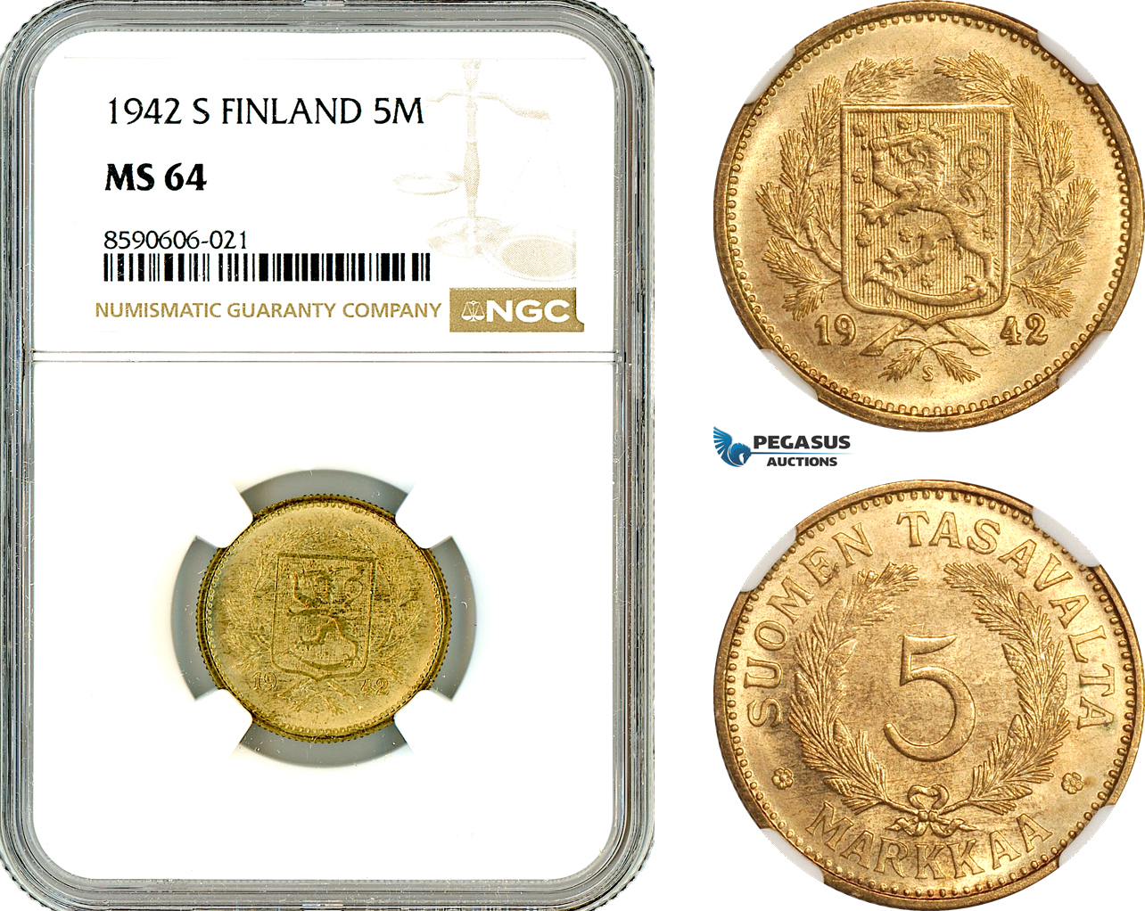 AL956, Finland, 5 Markkaa 1942 S, Helsinki Mint, NGC MS64