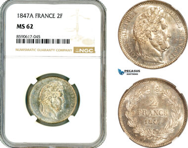 AL957, France, Louis Philippe I, 2 Francs 1847 A, Paris Mint, Silver, NGC MS62