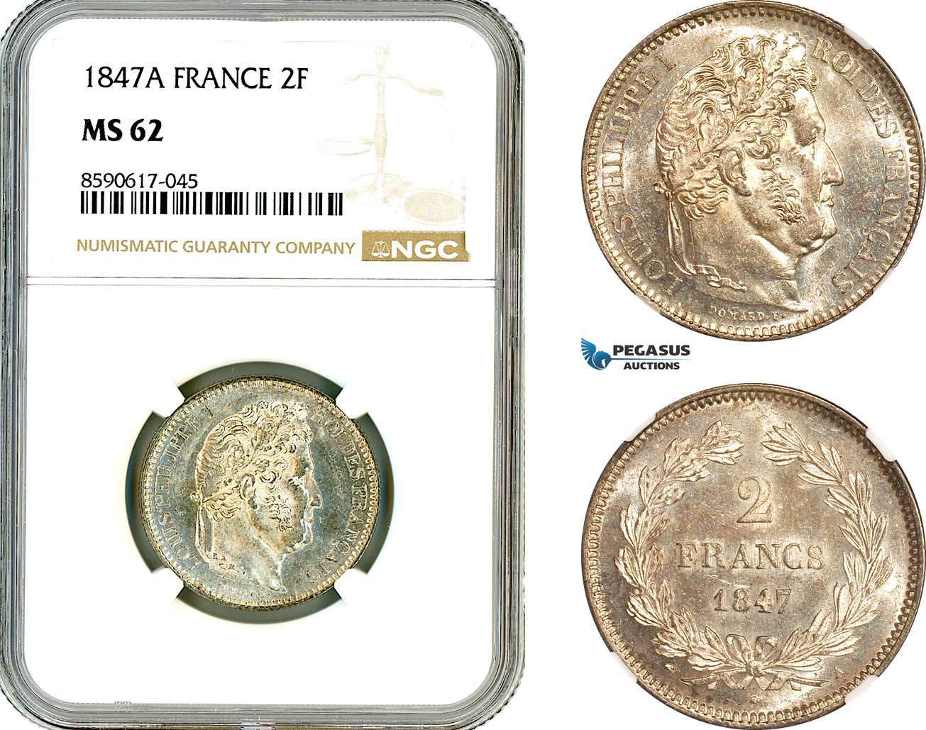 AL957, France, Louis Philippe I, 2 Francs 1847 A, Paris Mint, Silver, NGC MS62
