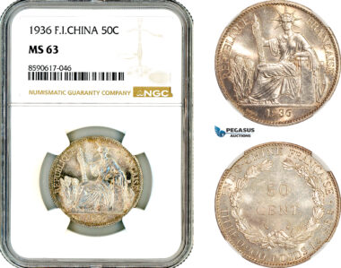 AL959, French Indo-China, 50 Centimes 1936, Paris Mint, Silver, NGC MS63