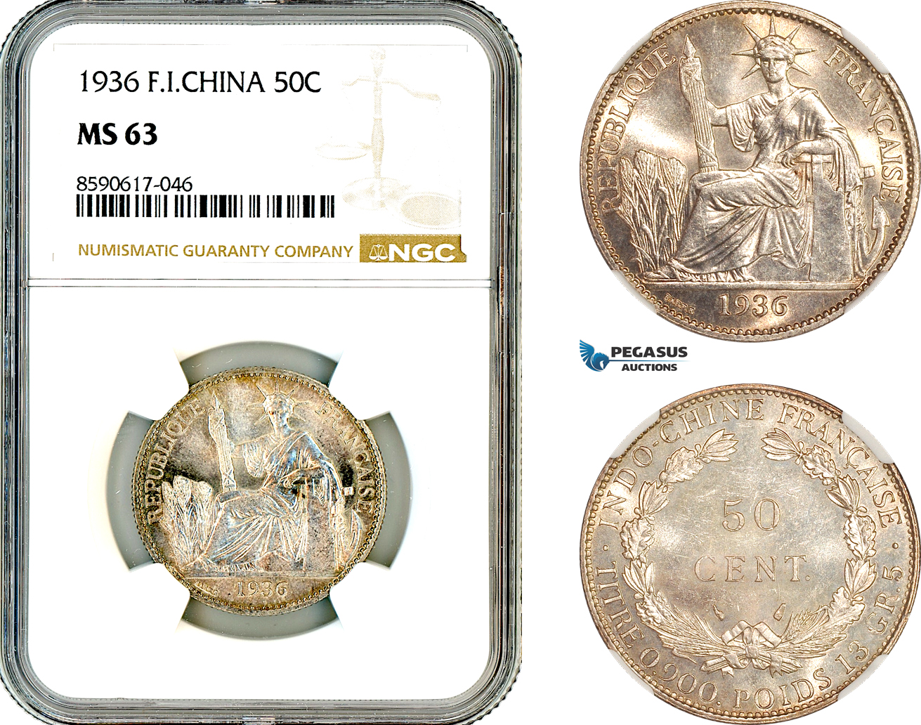 AL959, French Indo-China, 50 Centimes 1936, Paris Mint, Silver, NGC MS63