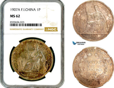 AL960, French Indo-China, 1 Piastre 1907 A, Paris Mint, Silver, NGC MS62