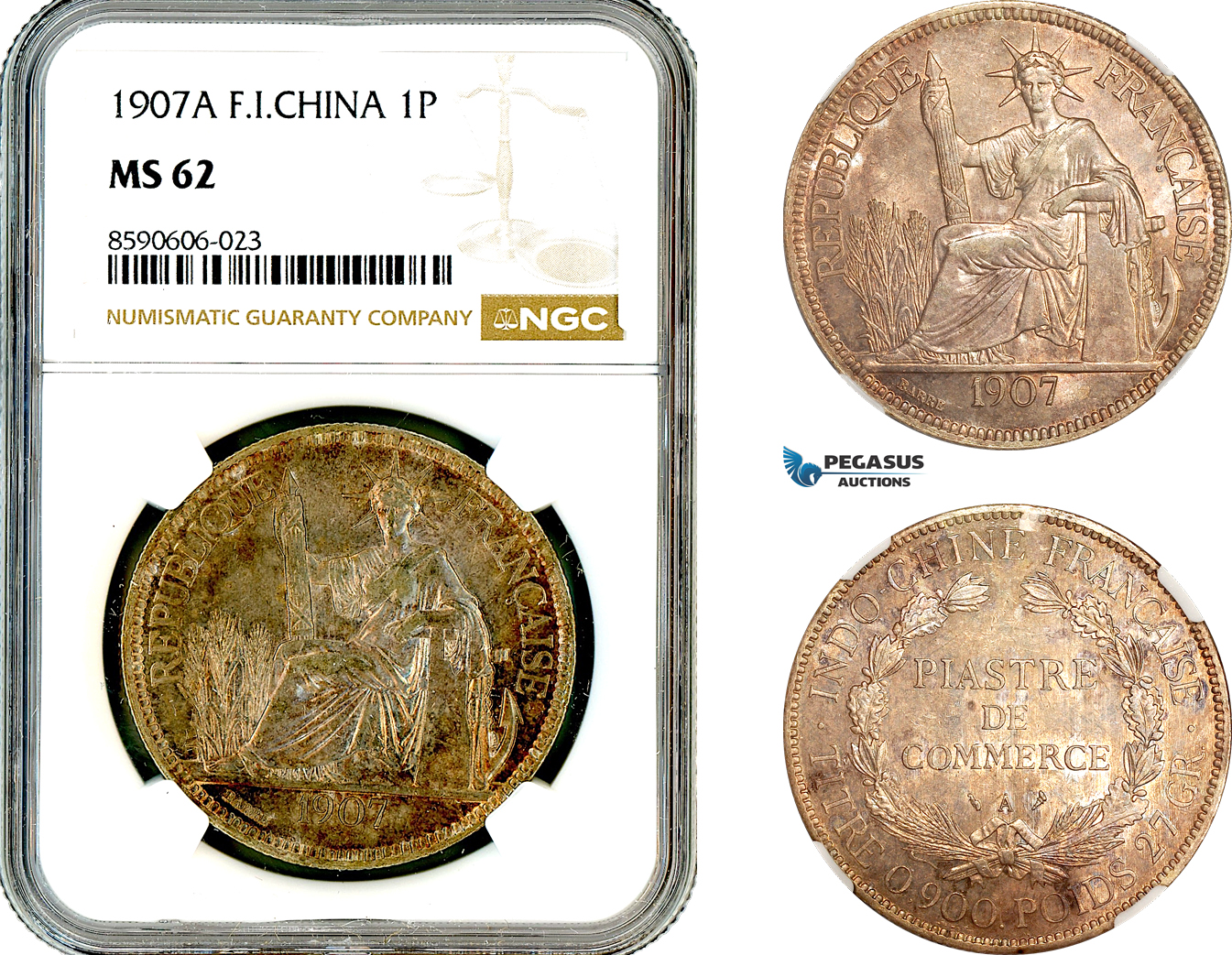 AL960, French Indo-China, 1 Piastre 1907 A, Paris Mint, Silver, NGC MS62