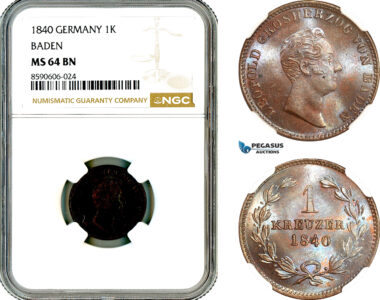 AL961, Germany, Baden, Leopold I, 1 Kreuzer 1840, NGC MS64BN