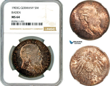 AL964, Germany, Baden, Frederick I, 5 Mark 1903 G, Karlsruhe Mint, Silver, NGC MS64