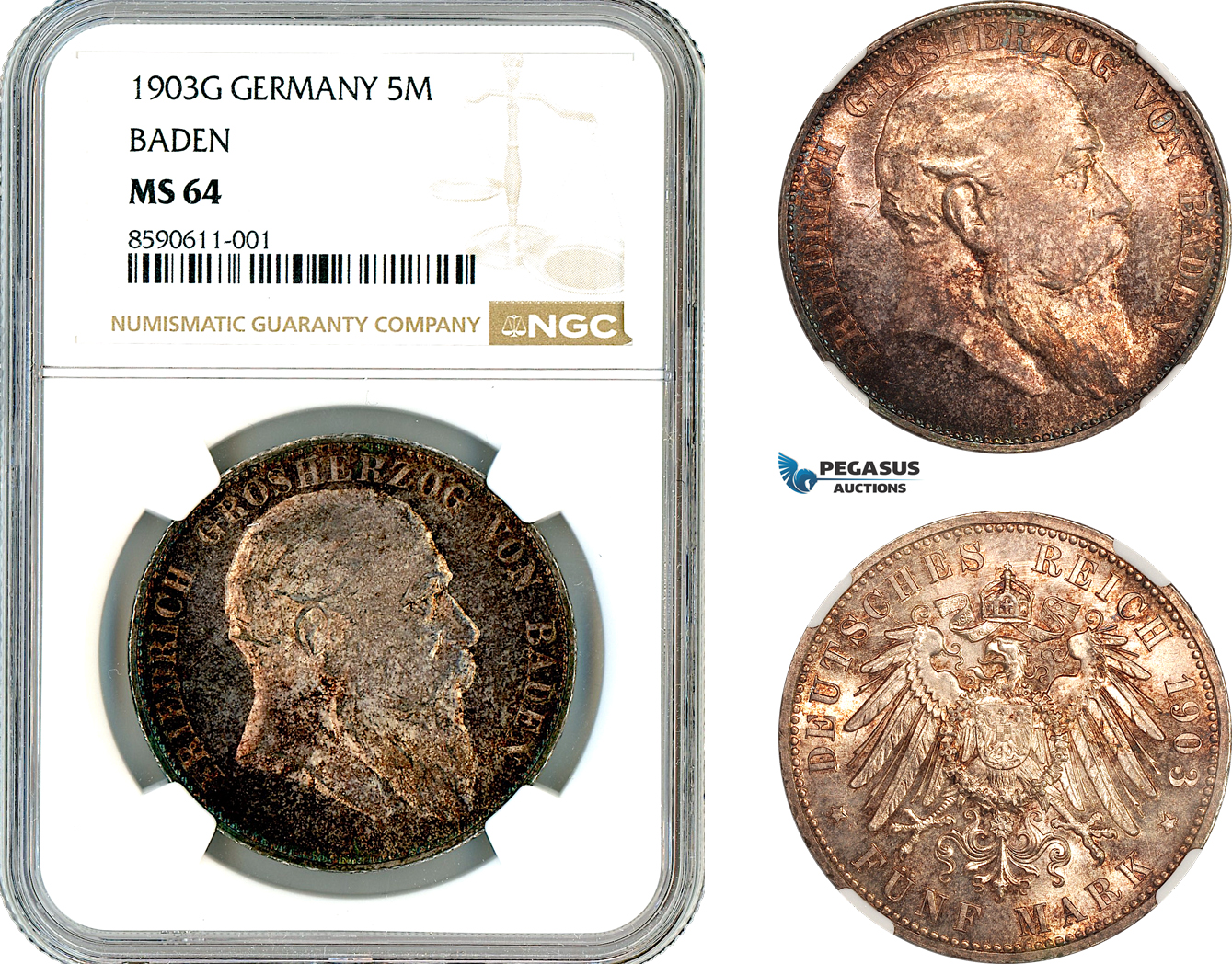 AL964, Germany, Baden, Frederick I, 5 Mark 1903 G, Karlsruhe Mint, Silver, NGC MS64
