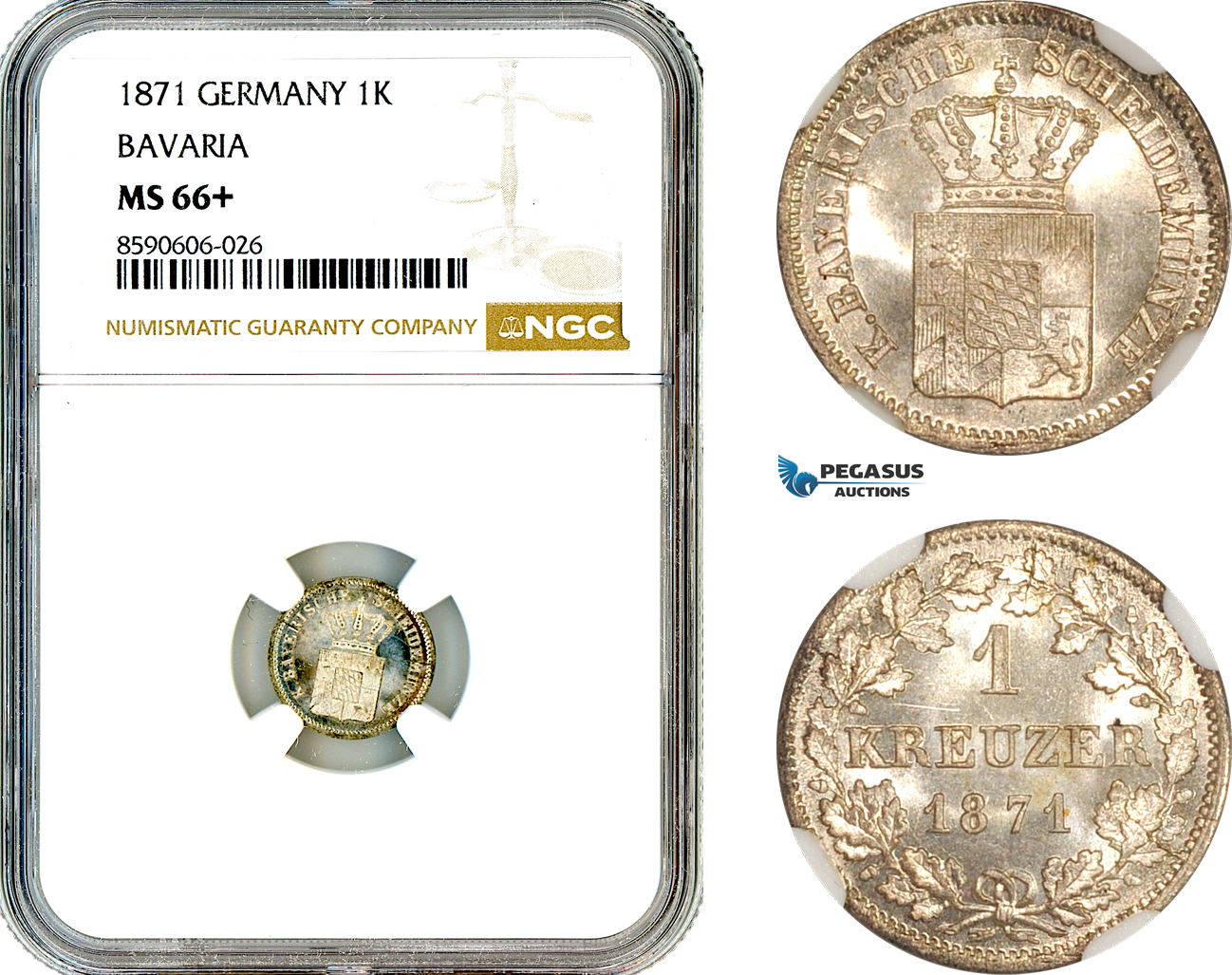 AL966, Germany, Bavaria, Ludwig II, 1 Kreuzer 1871, Munich Mint, Billon, NGC MS66+