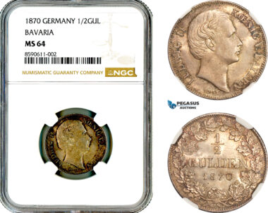 AL967, Germany, Bavaria, Ludwig II, 1/2 Gulden 1870, Munich Mint, Silver, NGC MS64, Top Pop, Single Finest!
