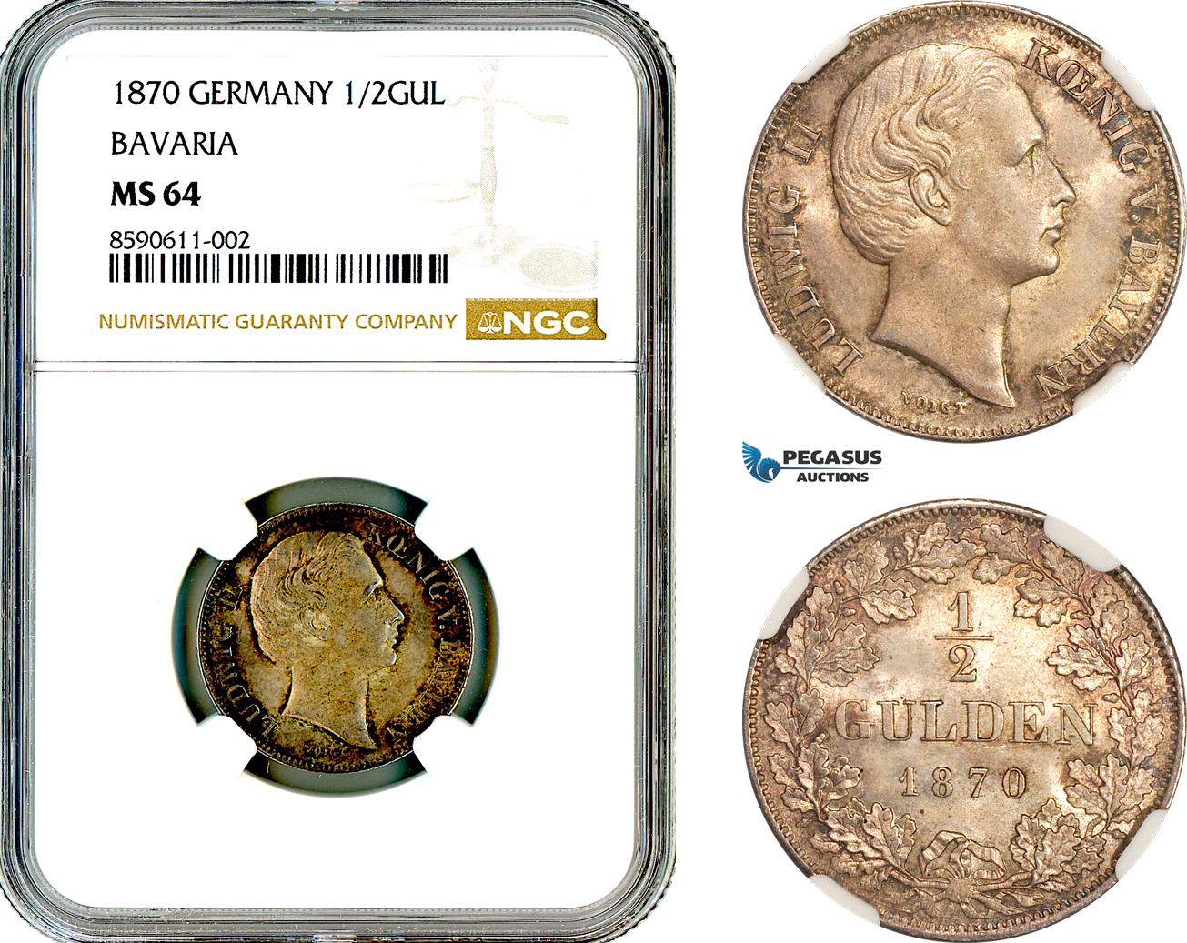 AL967, Germany, Bavaria, Ludwig II, 1/2 Gulden 1870, Munich Mint, Silver, NGC MS64, Top Pop, Single Finest!