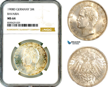 AL968, Germany, Bavaria, Otto, 3 Mark 1908 D, Munich Mint, Silver, NGC MS64