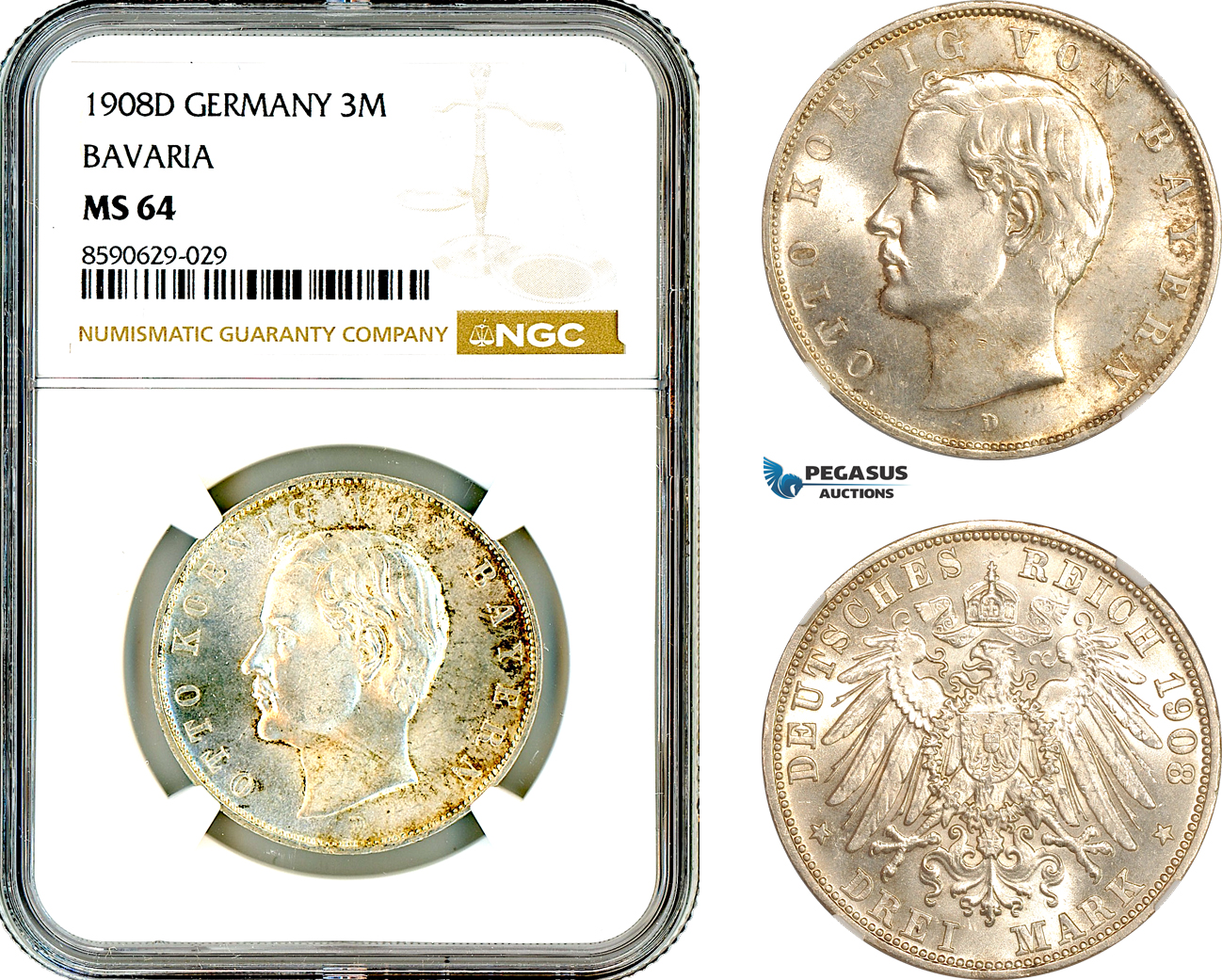 AL968, Germany, Bavaria, Otto, 3 Mark 1908 D, Munich Mint, Silver, NGC MS64