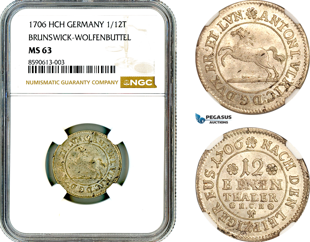 AL969, Germany, Brunswick-Wolfenbuttel, Anton Ulrich, 1/12 Taler 1706 HCH, Braunschweig Mint, Silver, NGC MS63, Top Pop, Single Finest!