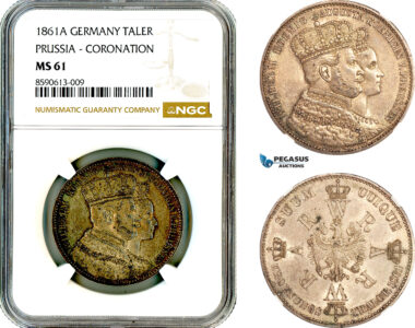 AL980, Germany, Prussia, Wilhelm I, Coronation Taler 1861 A, Berlin Mint, Silver, NGC MS61