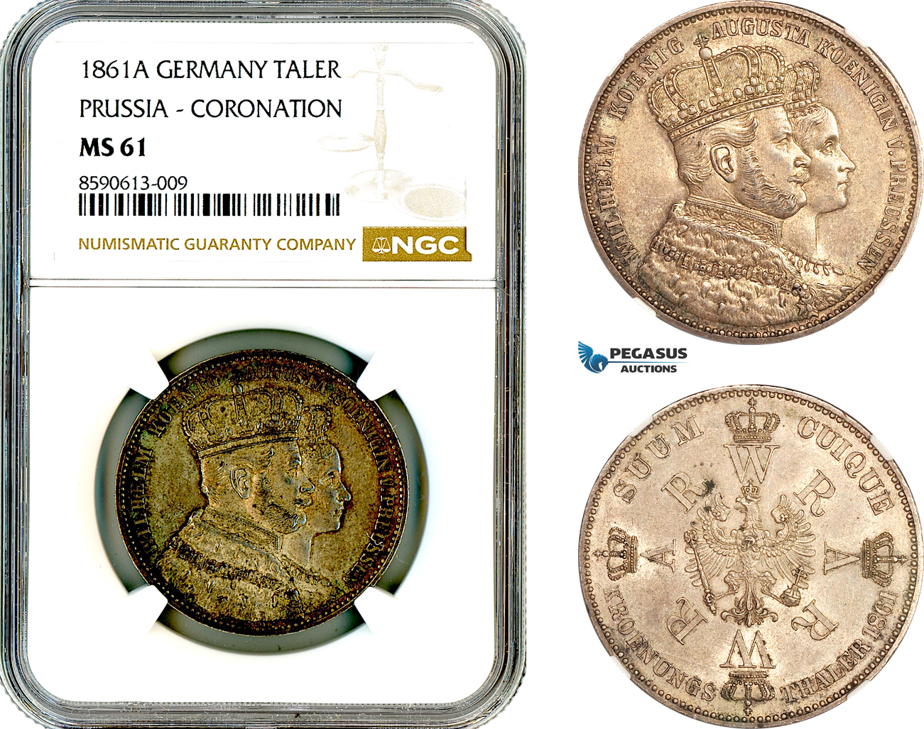 AL980, Germany, Prussia, Wilhelm I, Coronation Taler 1861 A, Berlin Mint, Silver, NGC MS61