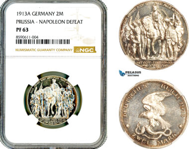 AL981, Germany, Prussia, Wilhelm II, 2 Mark 1913 A, Berlin Mint, Silver, Napoleon’s Defeat, NGC PF63