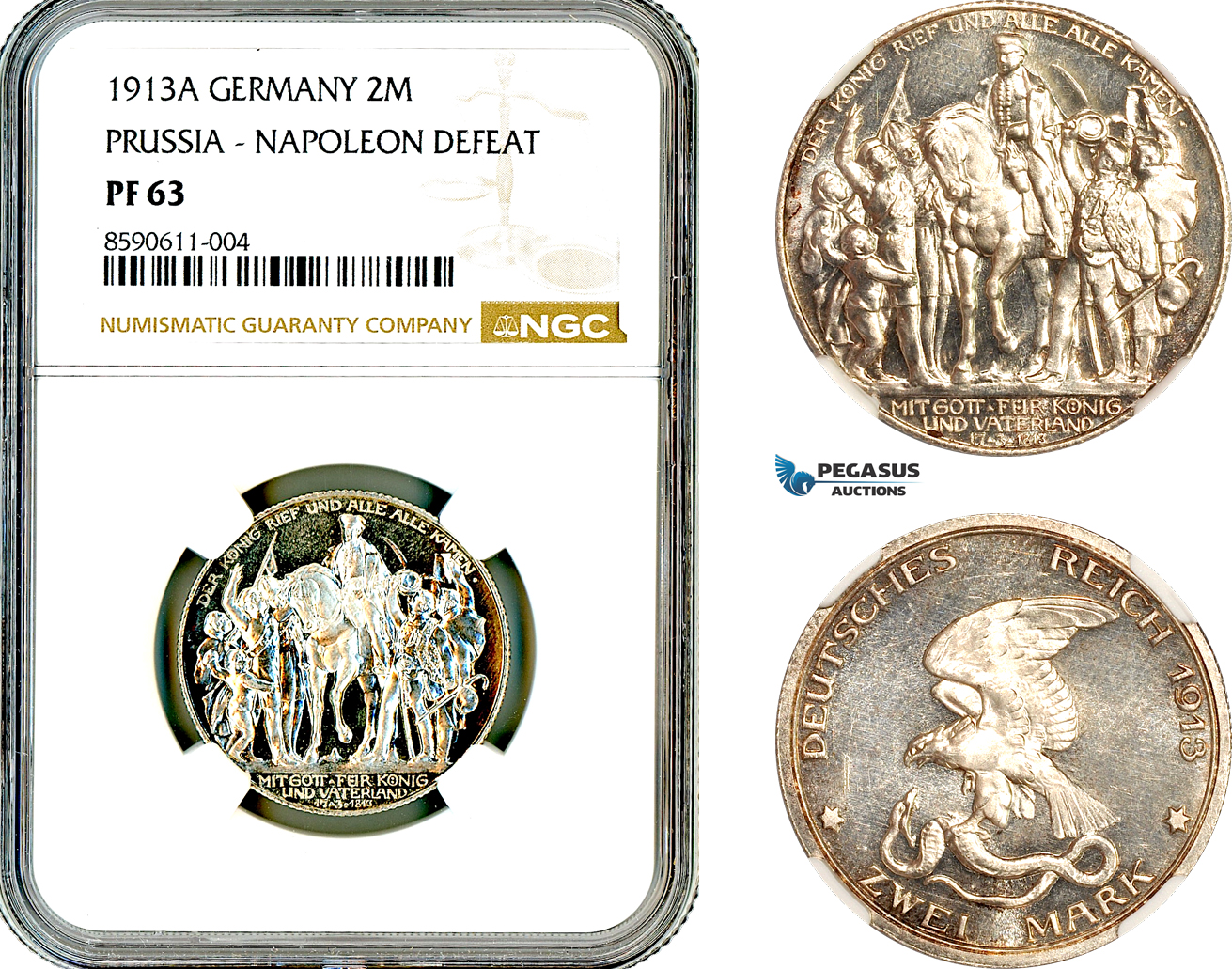AL981, Germany, Prussia, Wilhelm II, 2 Mark 1913 A, Berlin Mint, Silver, Napoleon’s Defeat, NGC PF63